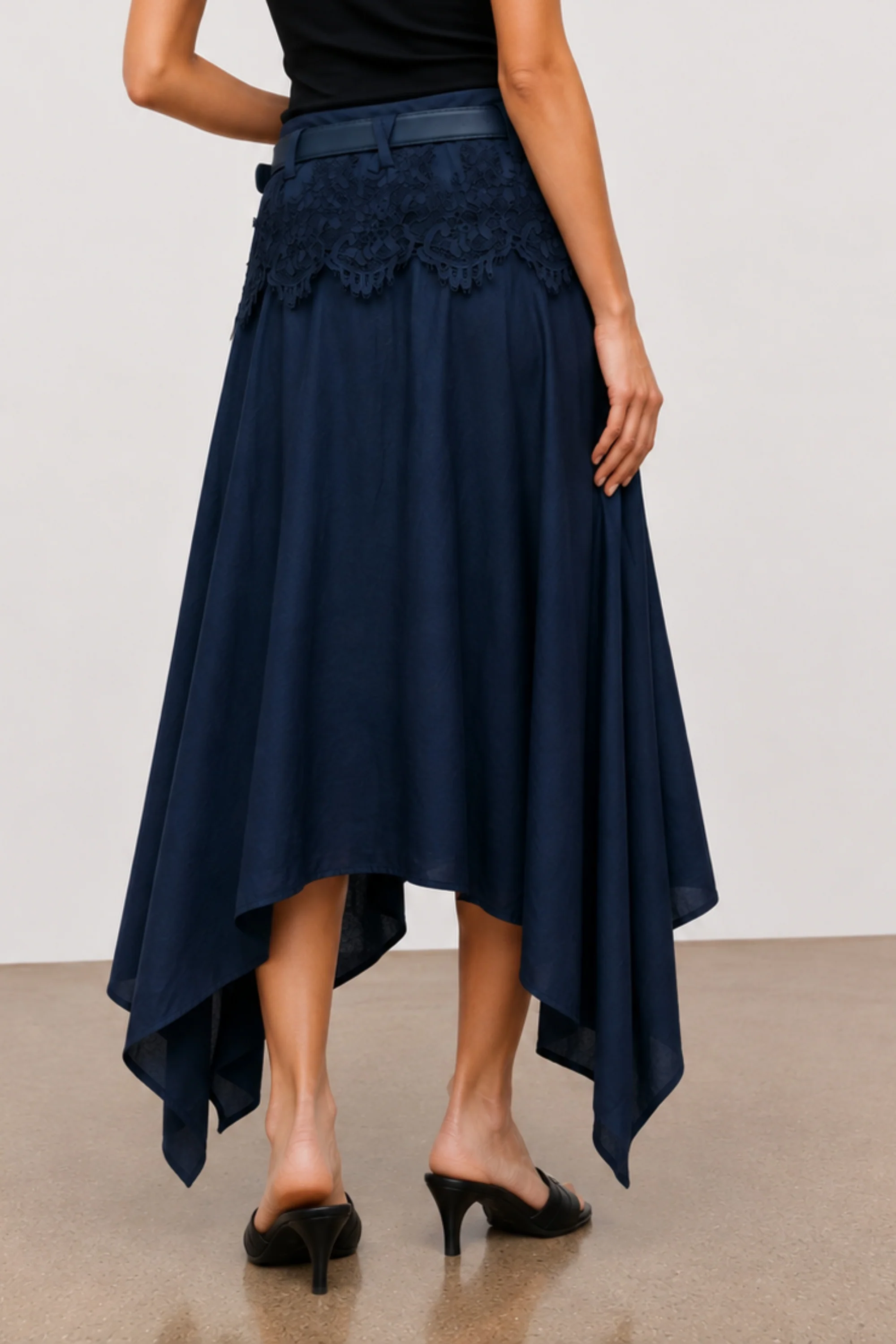 Navy Lace Asymmetric Belted Skirt