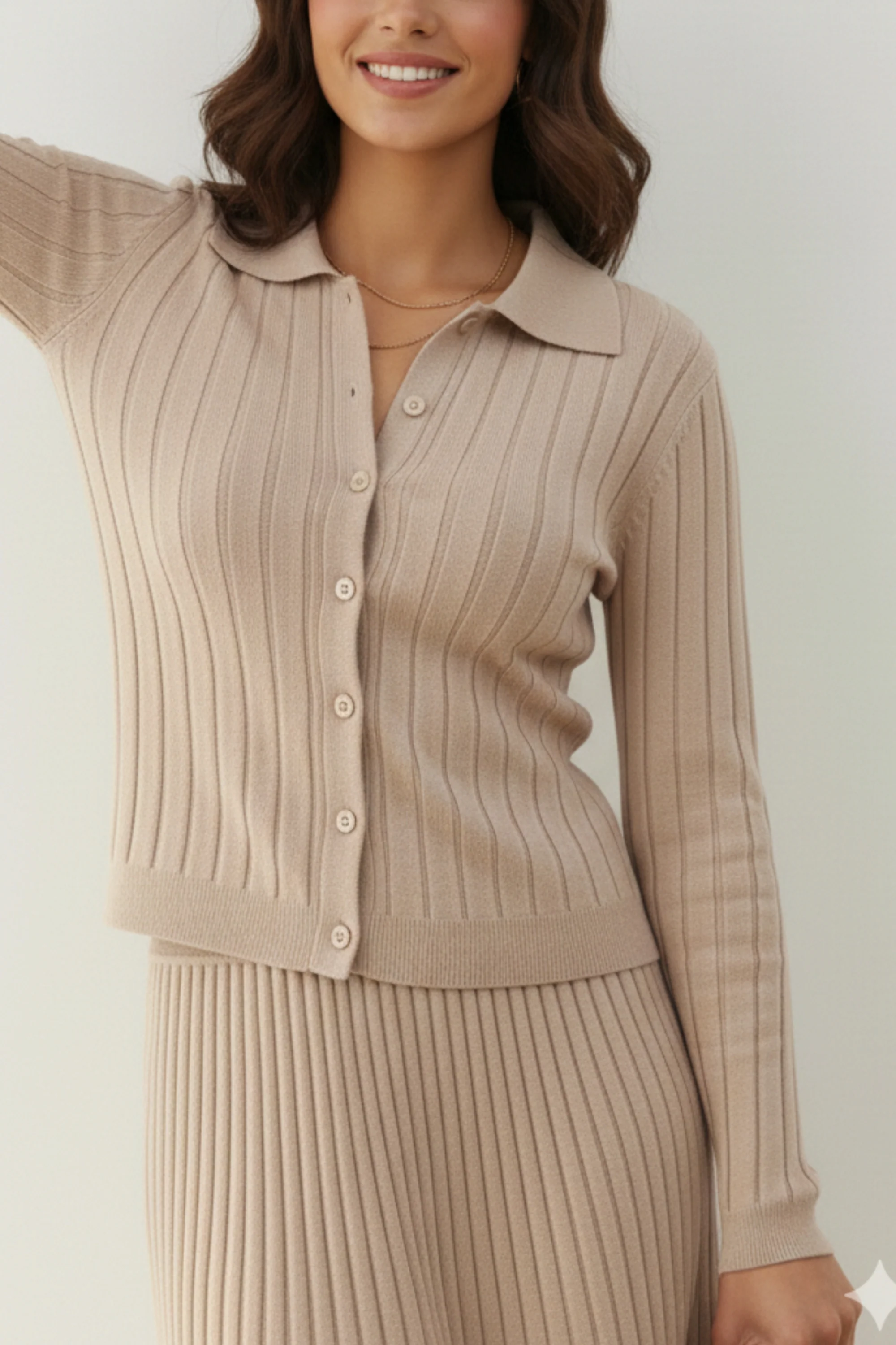 Latte Pleated Knit Skirt  Co-ord Set