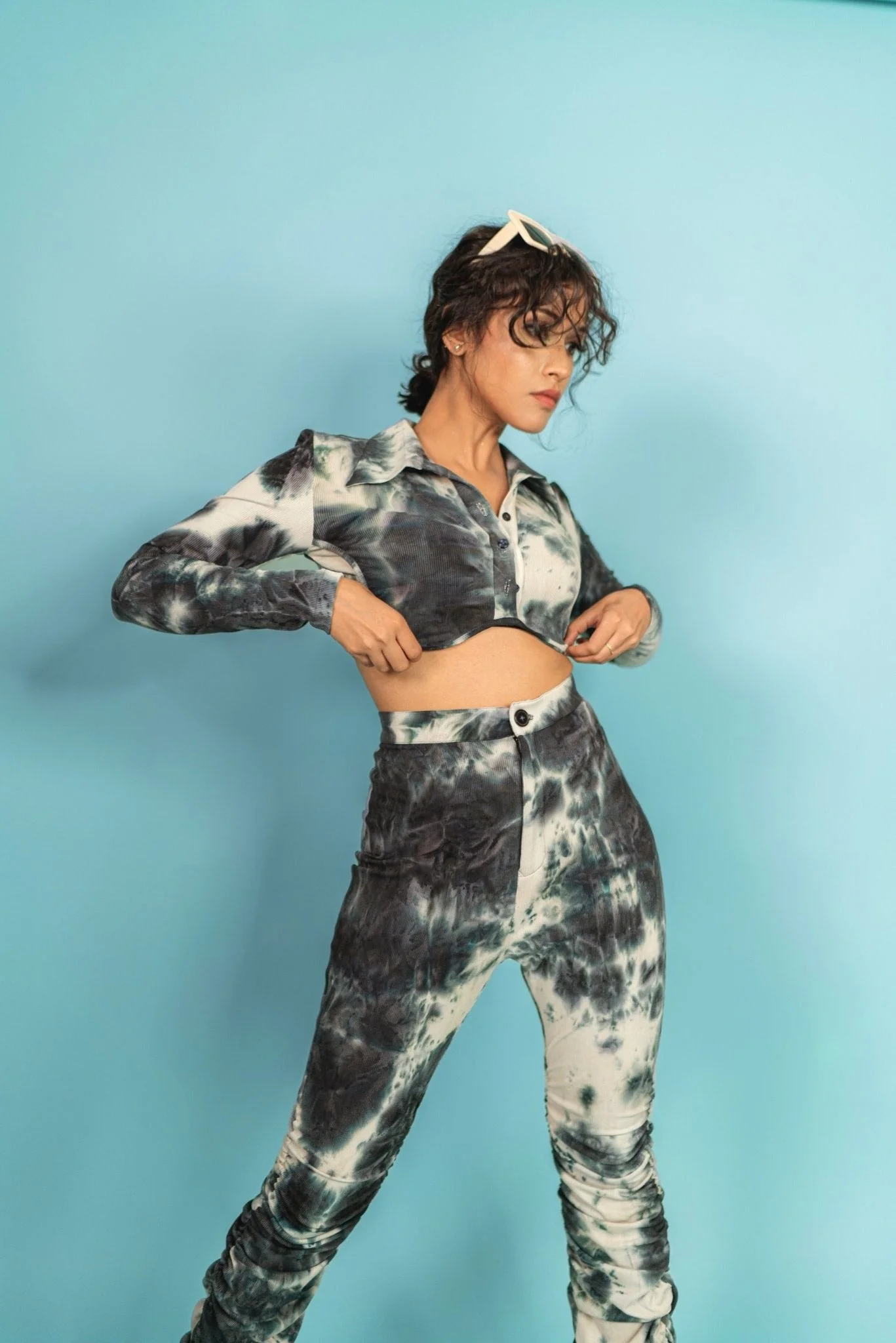 Black Tie-Dye Half Placket Top with Gathered Hem Pants Coord Set