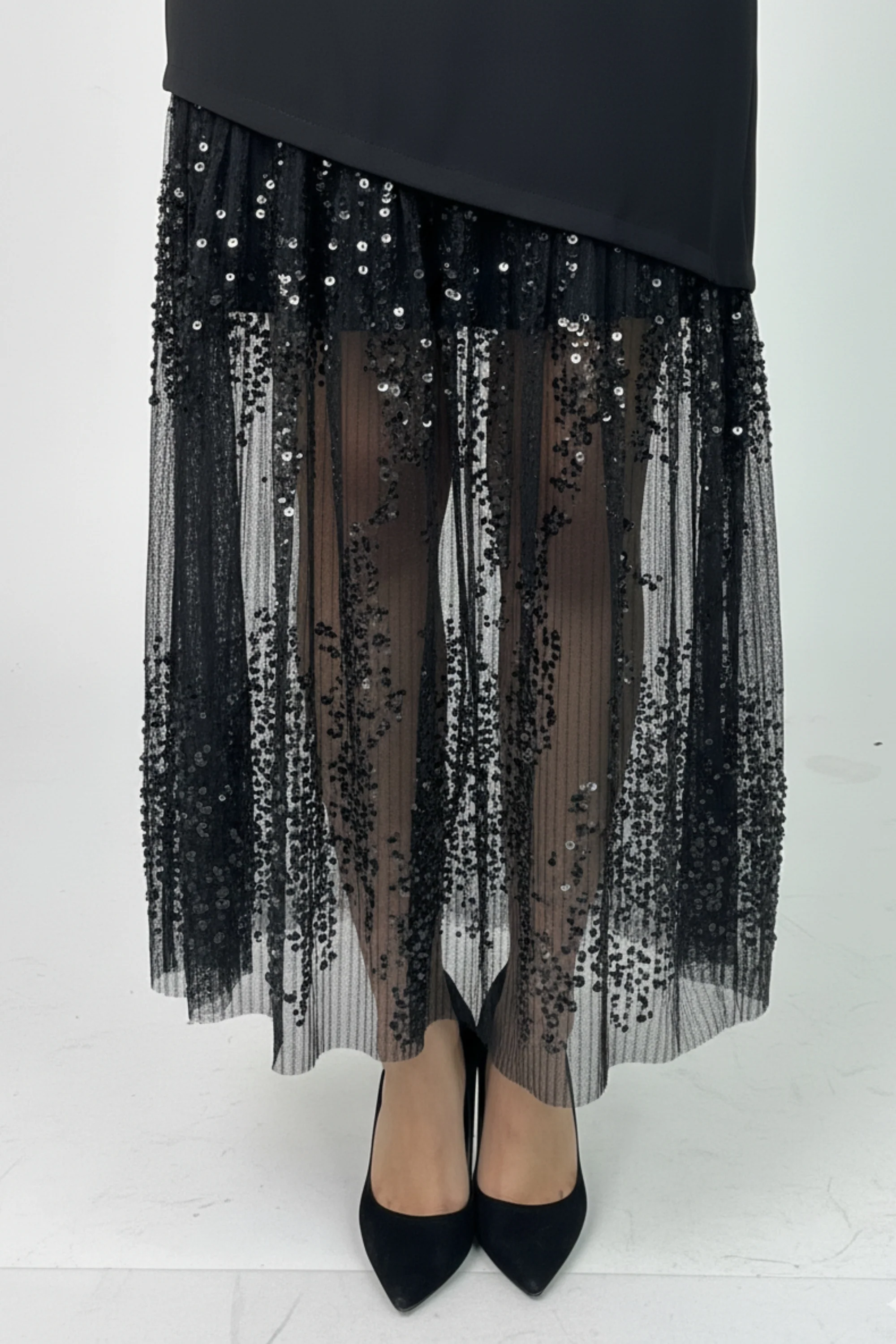 Black Lace & Sequin Midi Dress