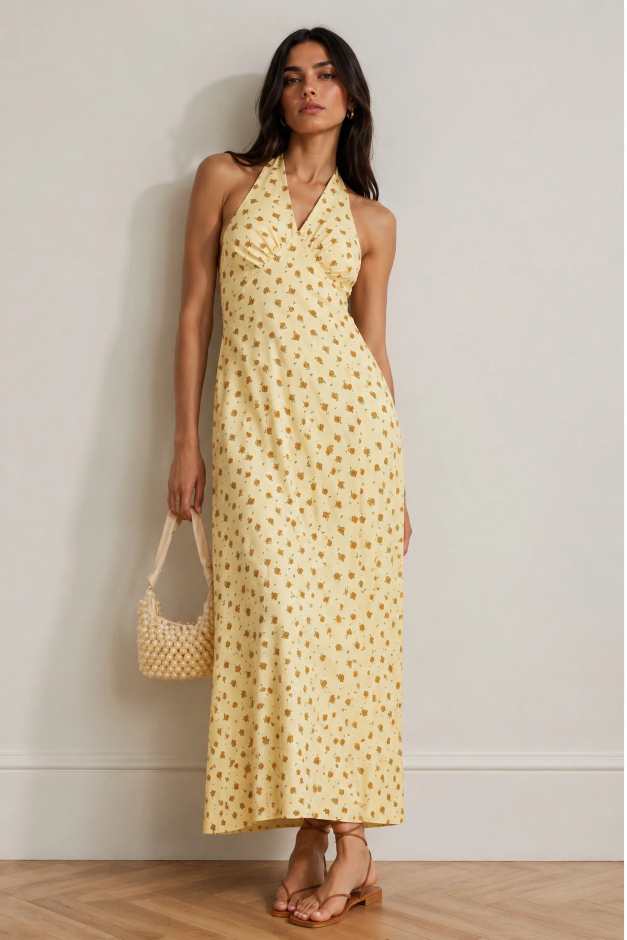 Yellow Floral Halter Neck Maxi Dress
