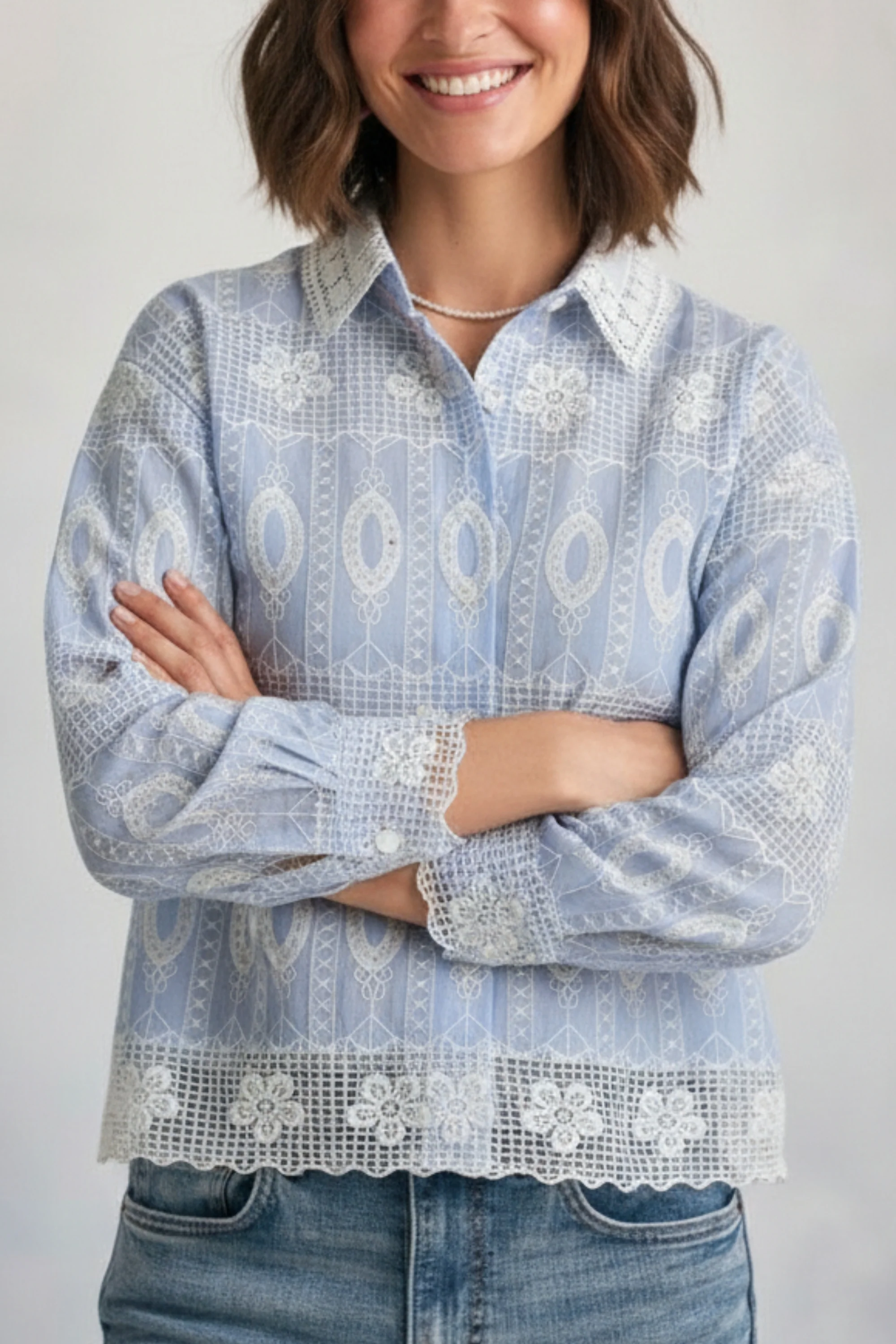 Ice Blue White Embroidered Shirt