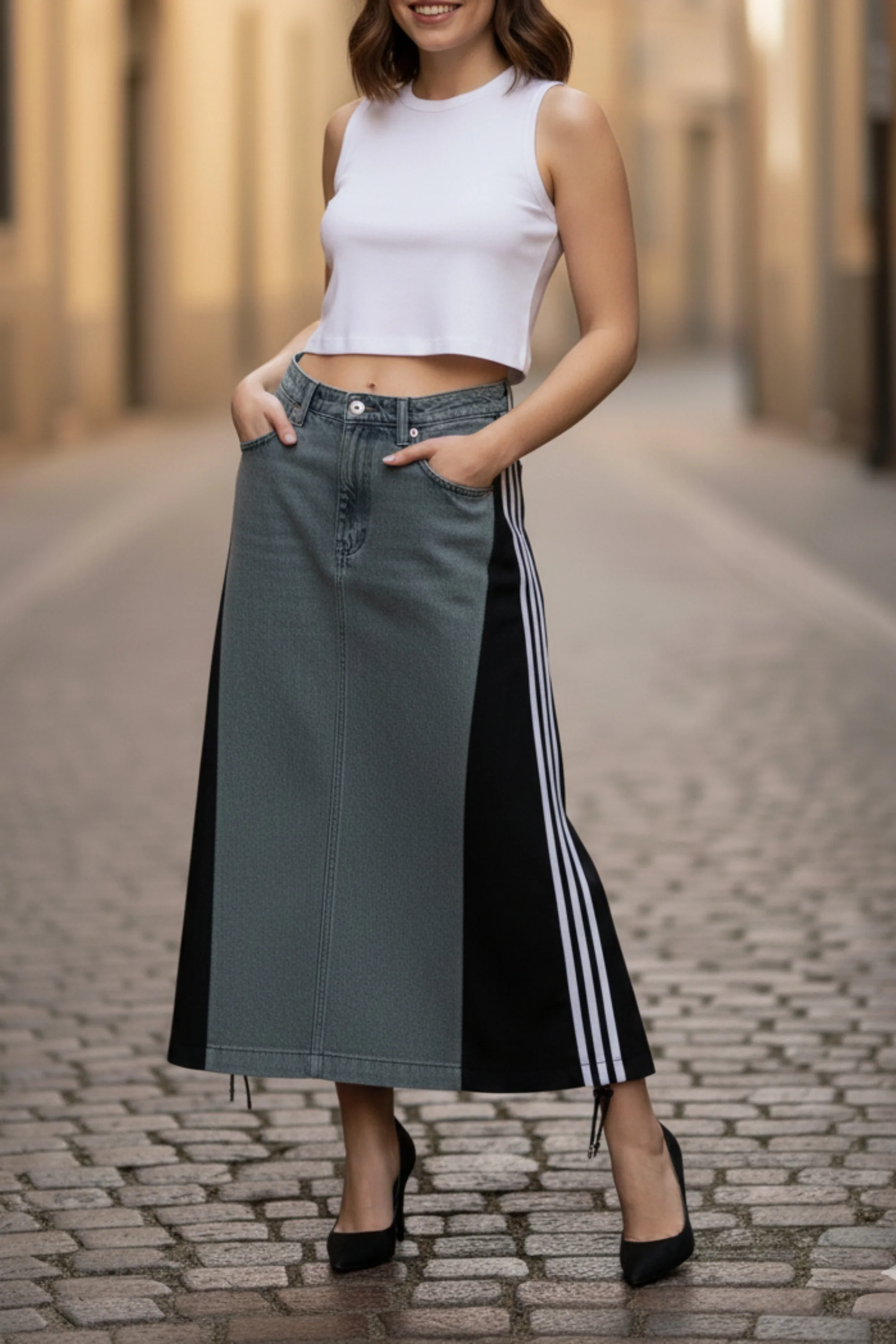 Stripe Fusion Denim Skirt