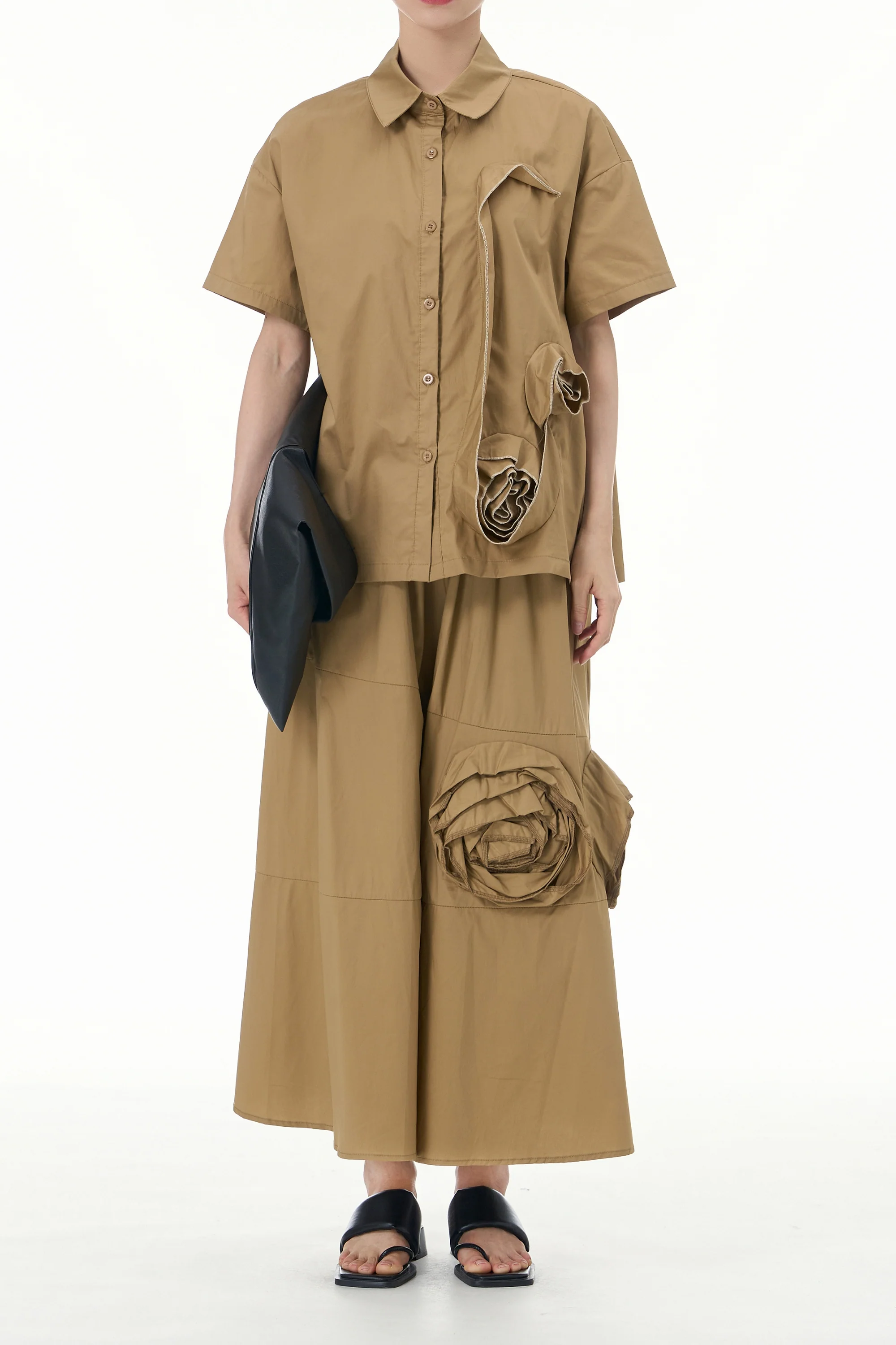 Caramel Skirt Coord Set With Textured Flower