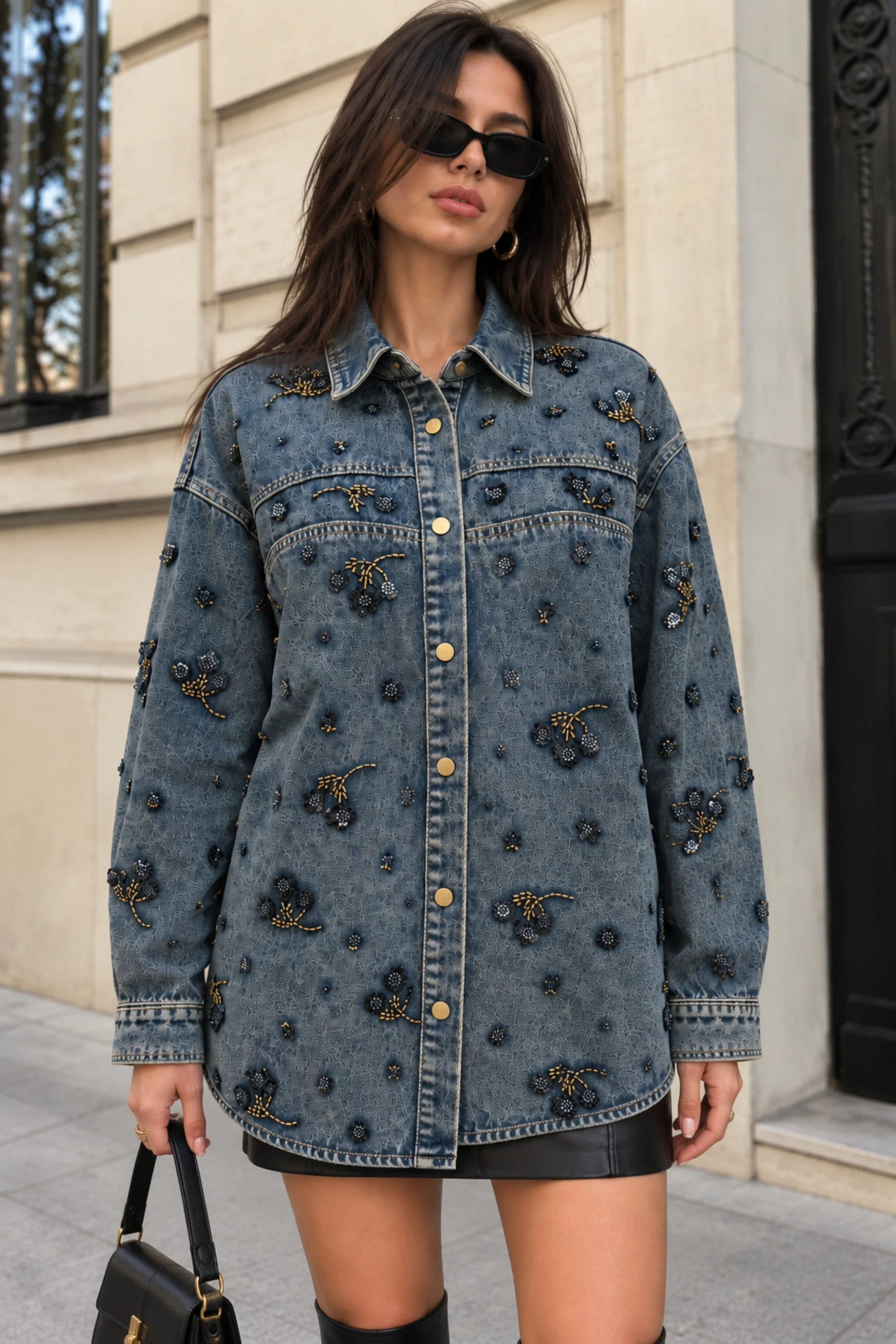 Denim Beaded Floral Oversized Shacket