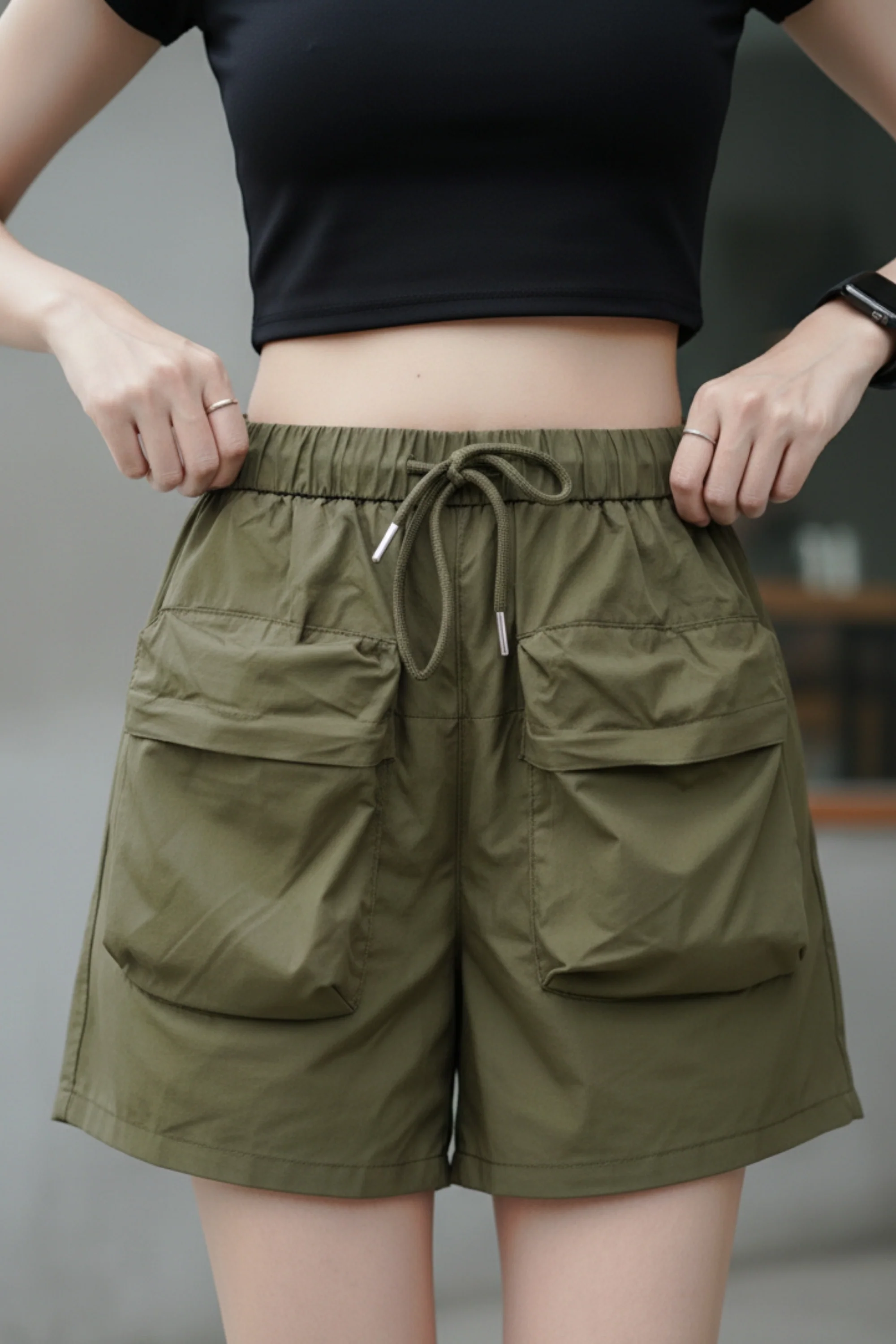 Army Green Shorts With Patch Pockets