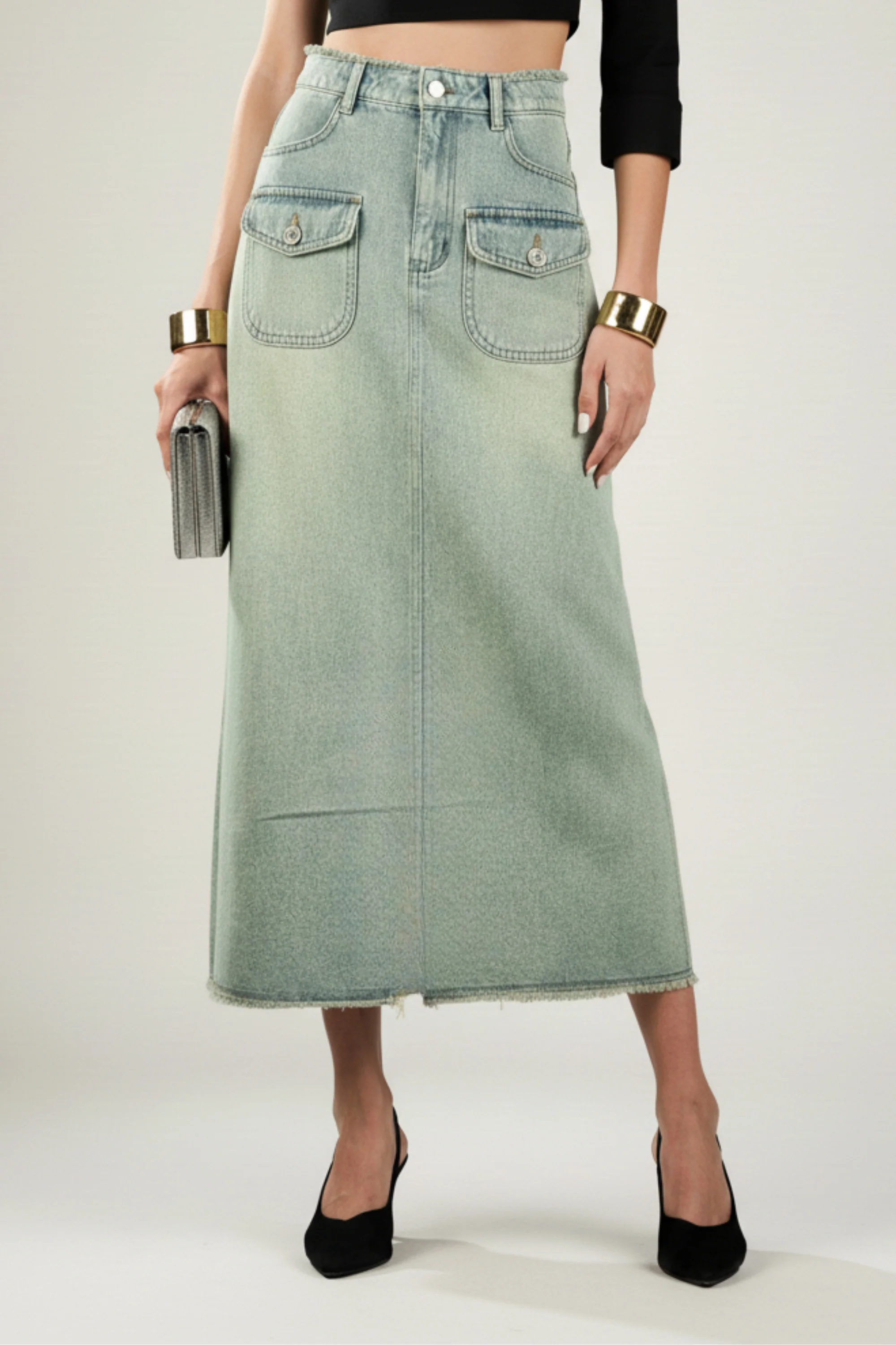 Denim Skirt With Distressed Hem