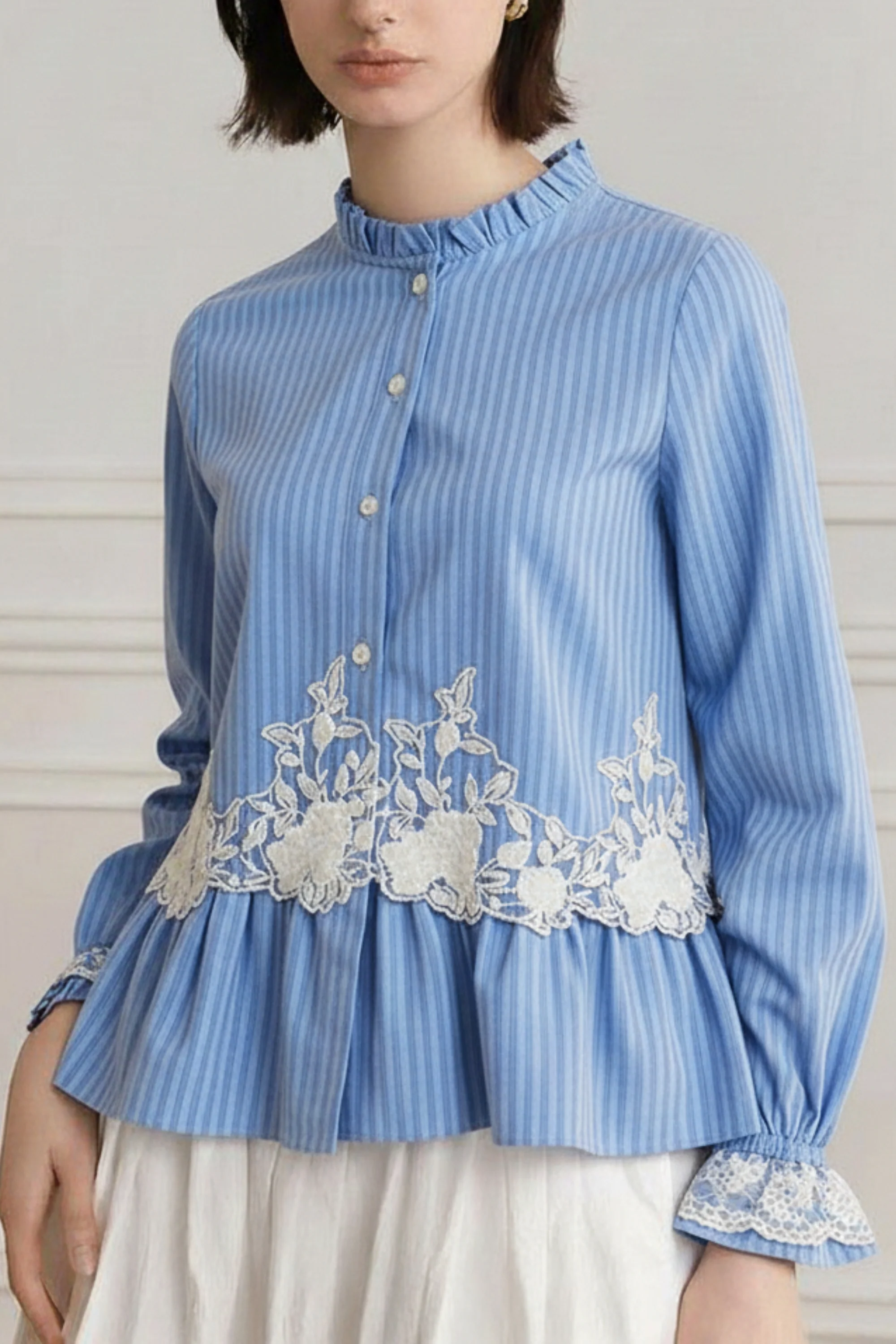 Powder Blue Striped Lace Peplum Shirt