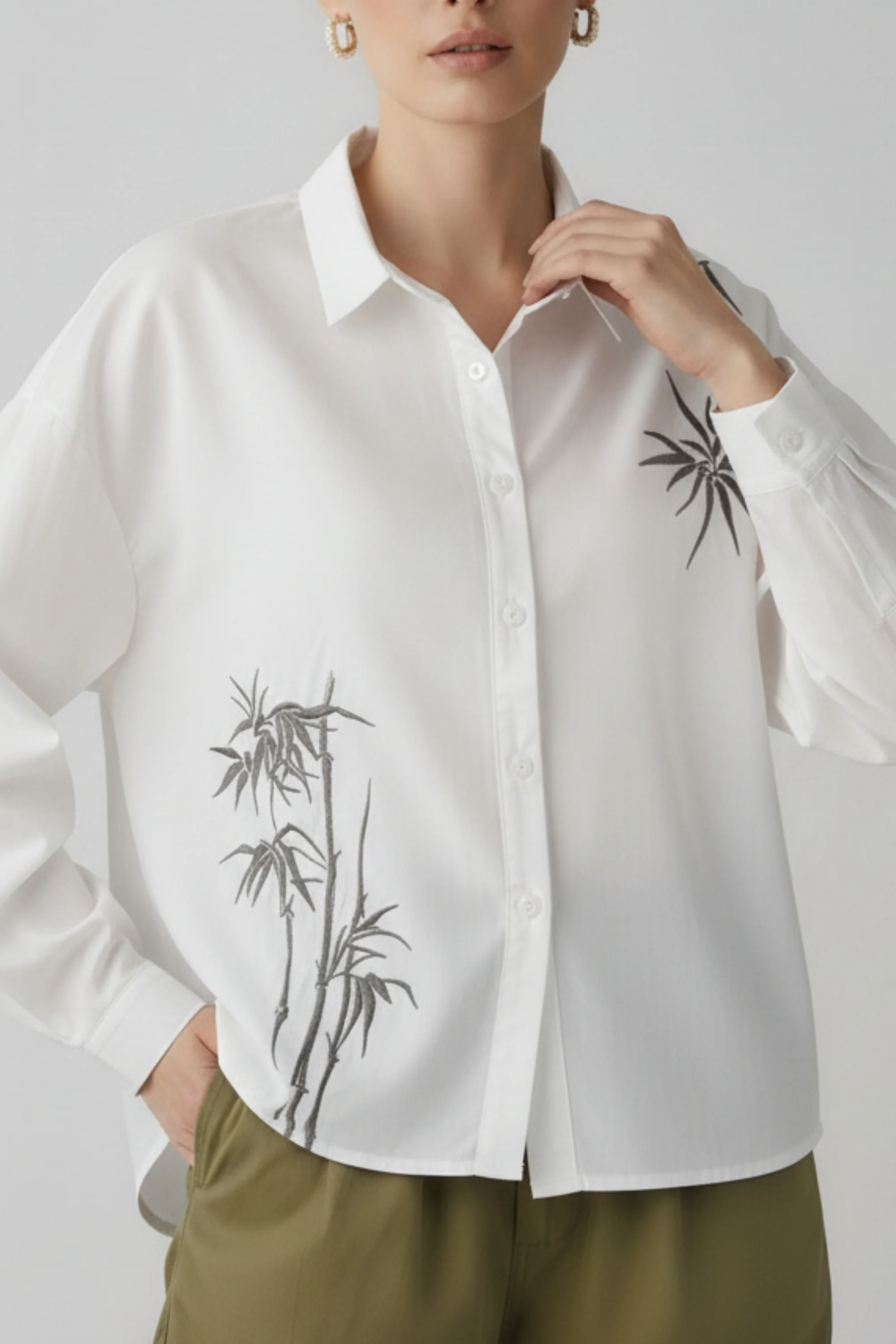 White Cotton Shirt With Bamboo Embroidery