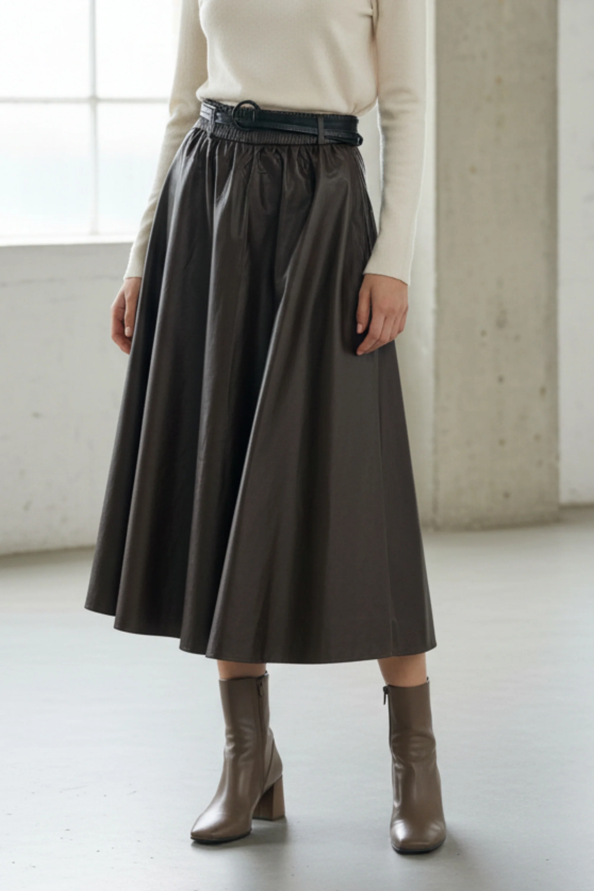 Espresso Belted Faux Leather Skirt