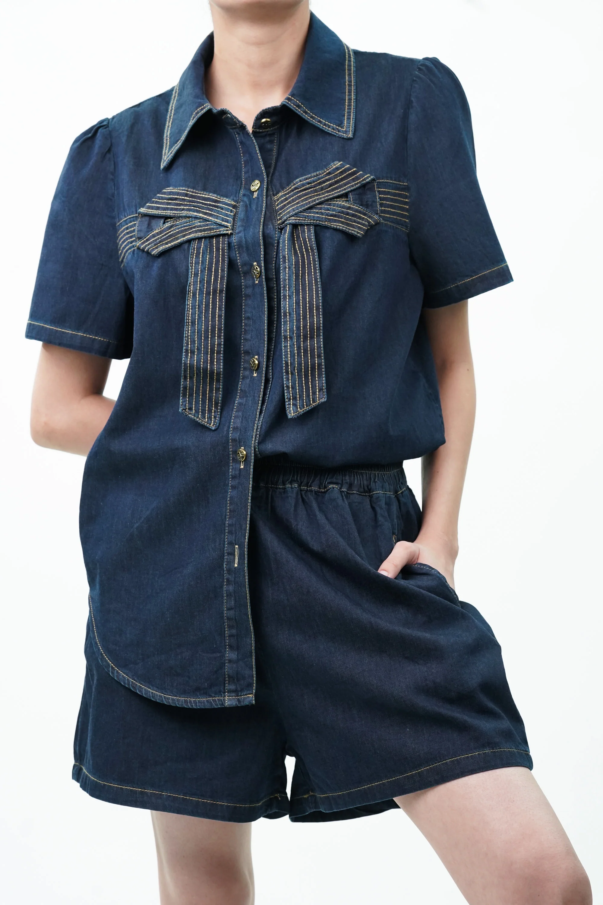 Cotton Denim Bow Coord Set