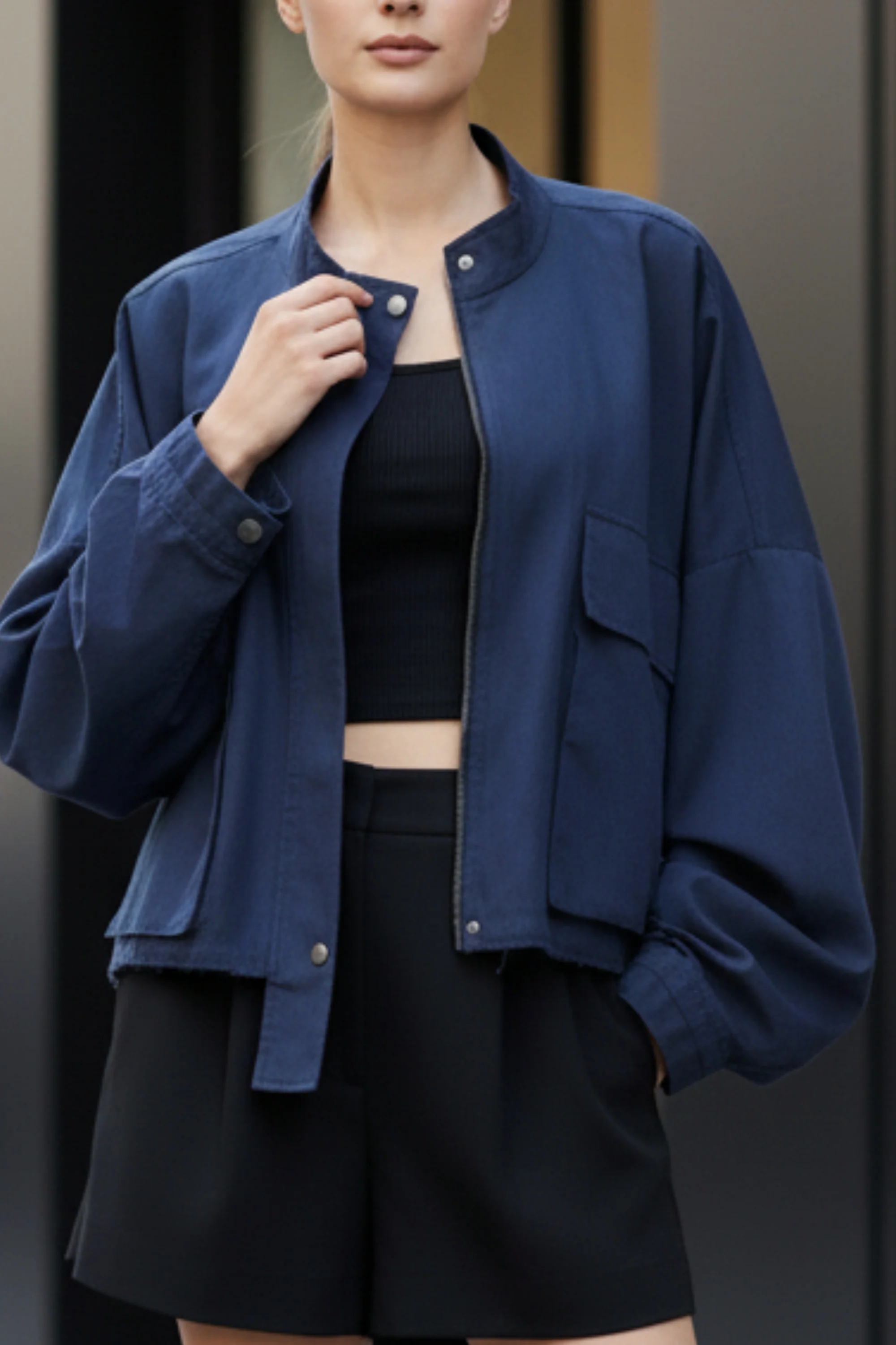 Dapper Navy Oversized Cropped Jacket