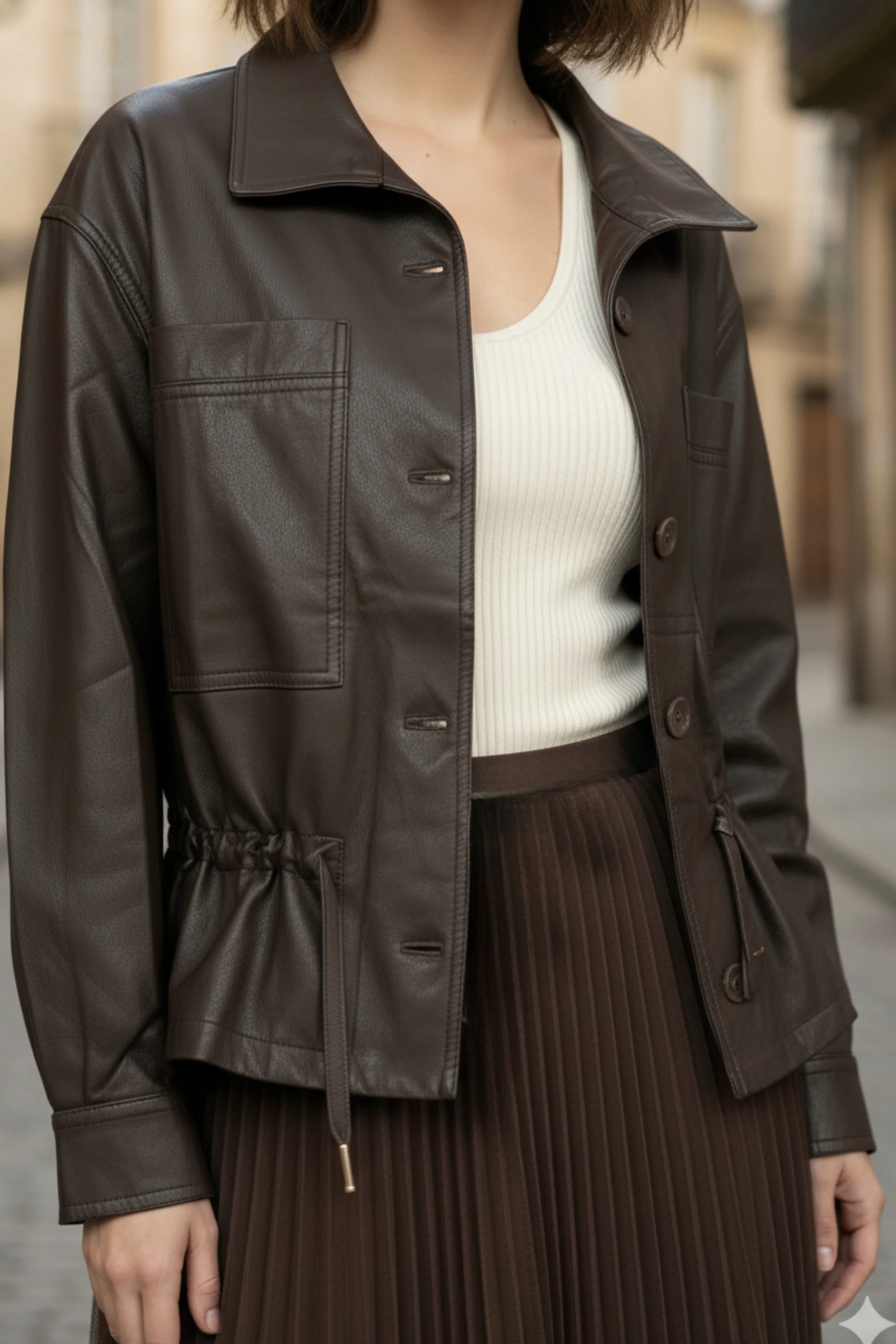 Mocha Drawstring Faux Leather Jacket