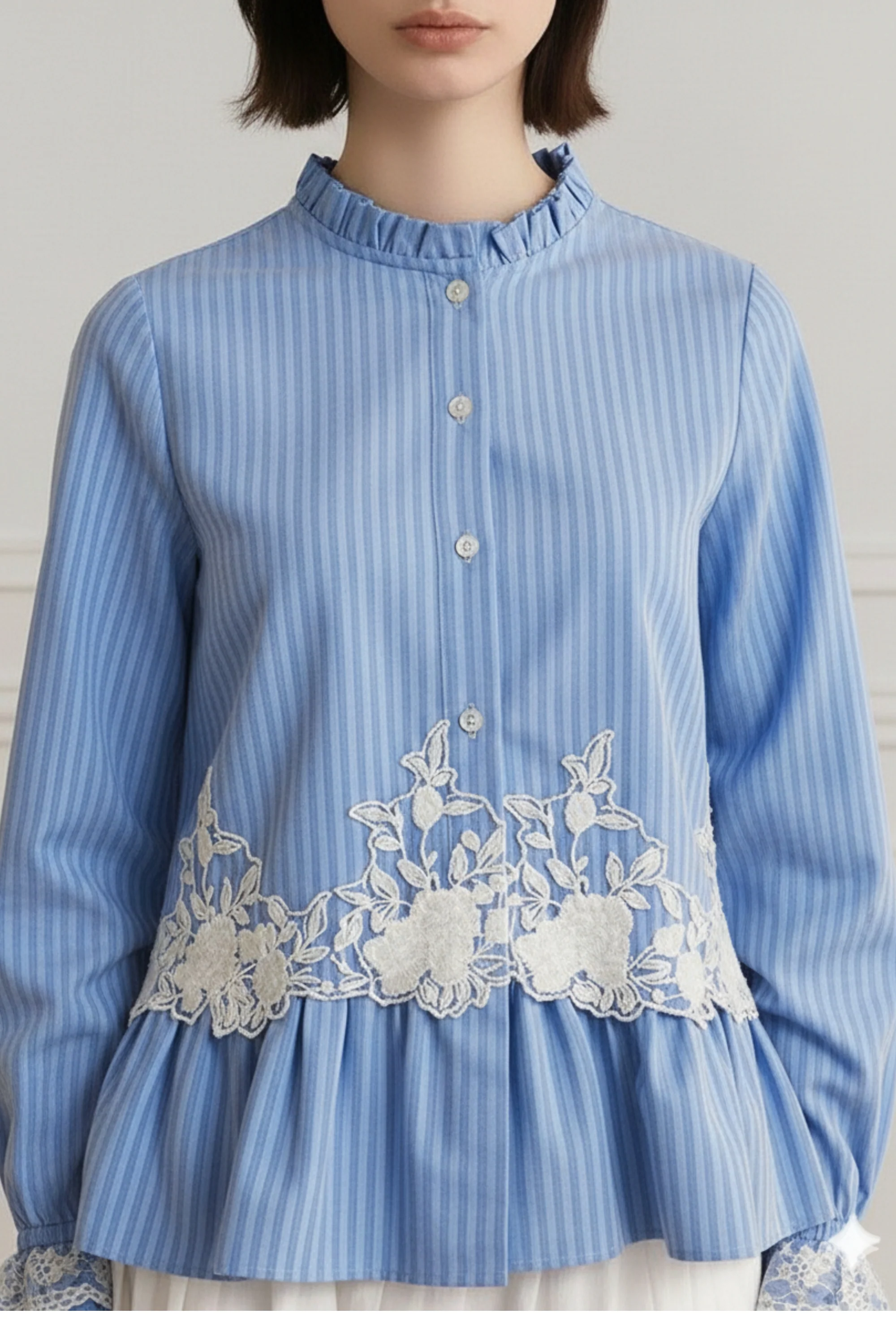 Powder Blue Striped Lace Peplum Shirt